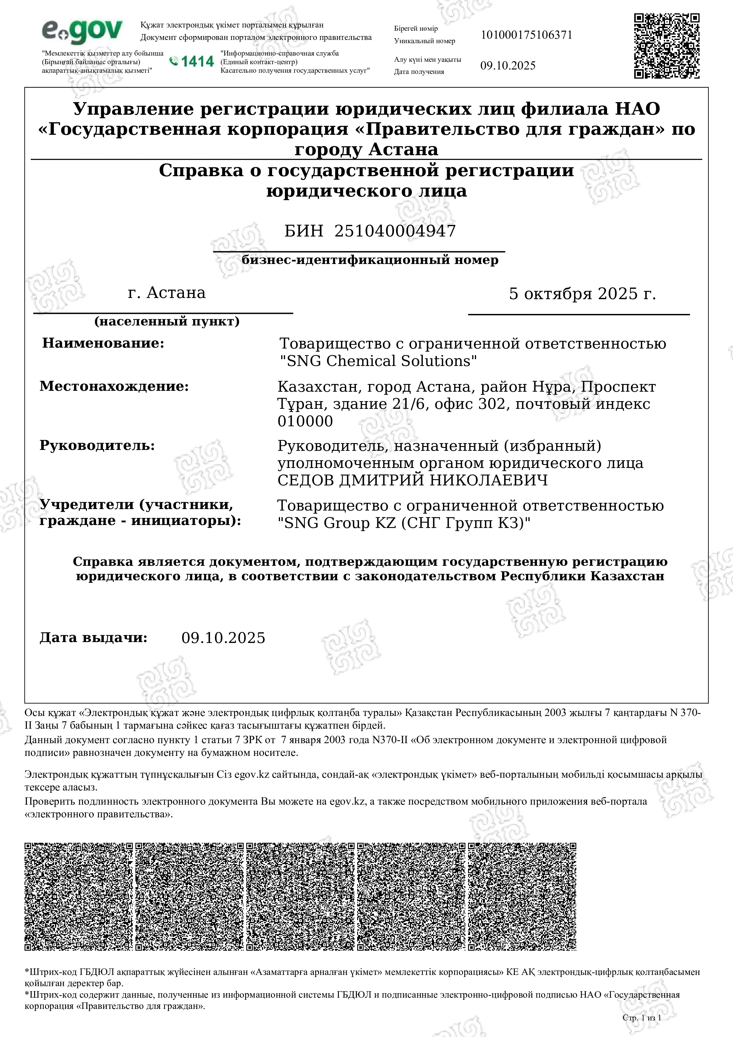 Справка о государственной регистрации юридического лица Chemical Solutions на русском